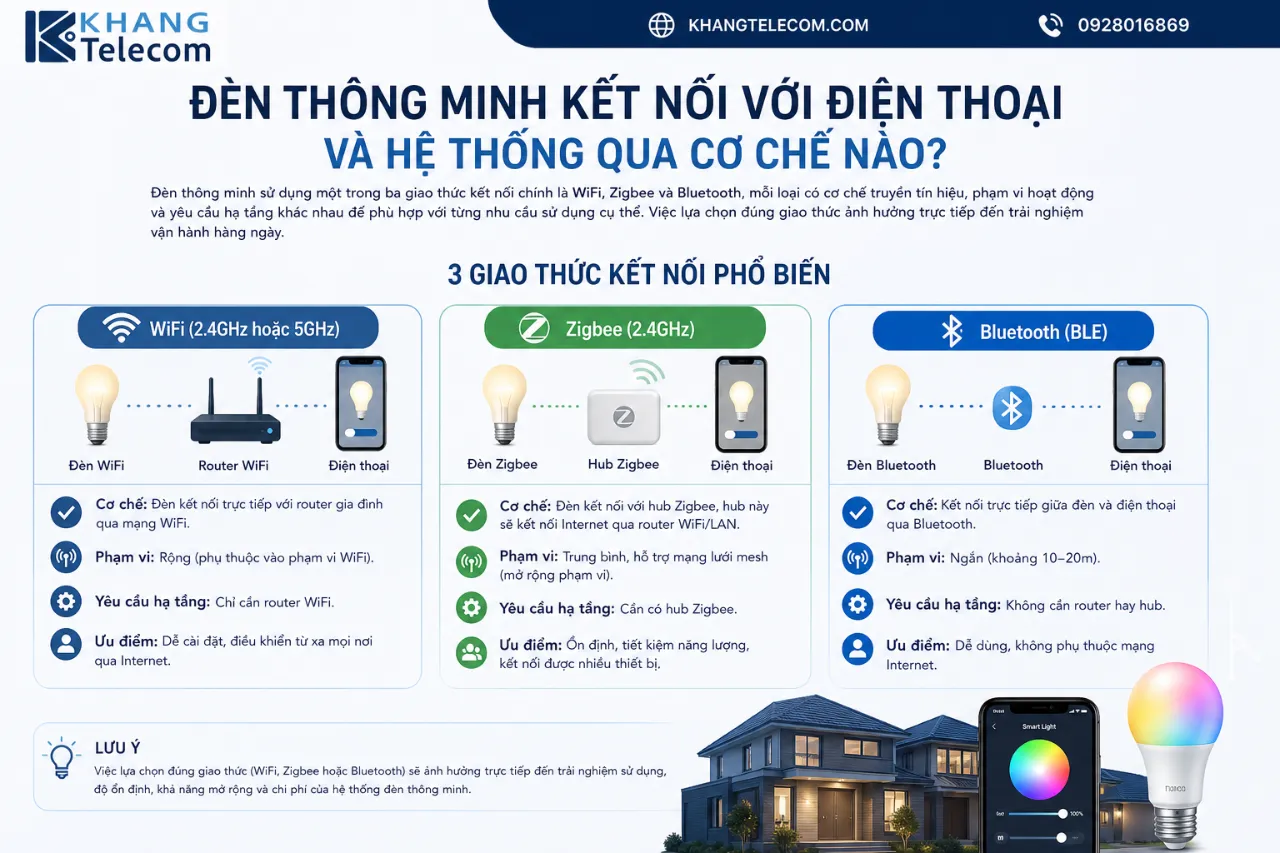 Đèn thông minh kết nối với điện thoại và hệ thống qua cơ chế nào?