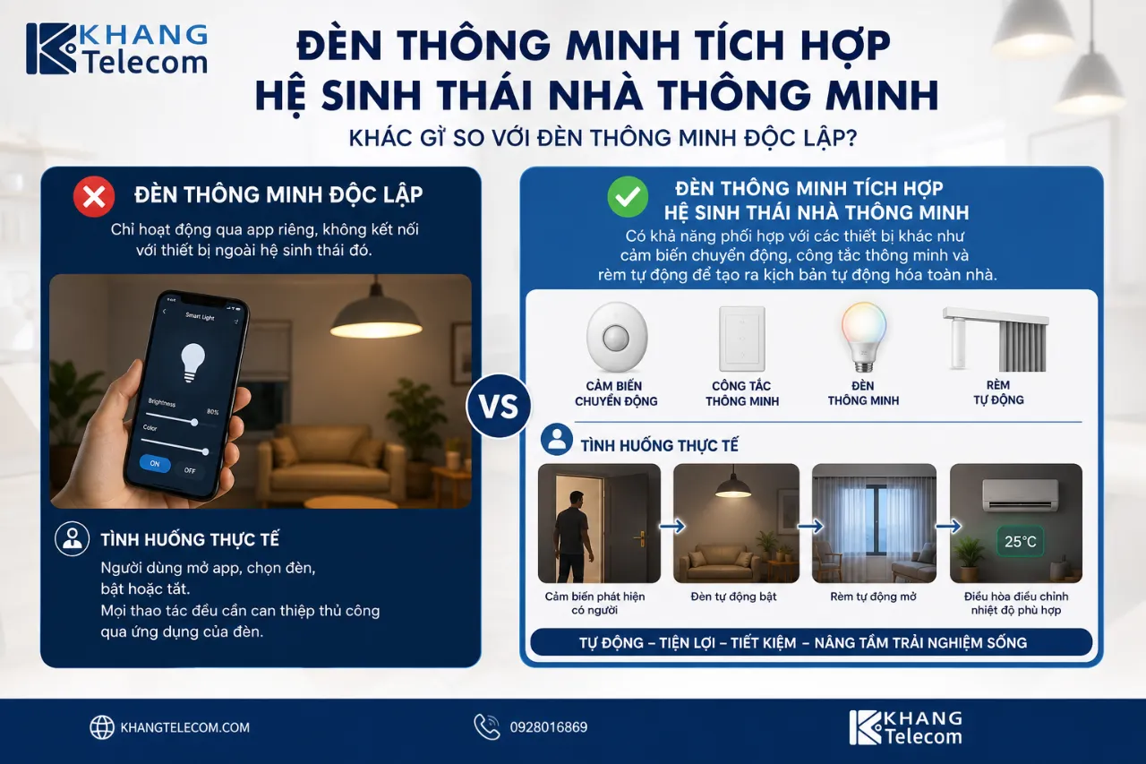 Đèn thông minh tích hợp h### Đèn thông minh tích hợp hệ sinh thái nhà thông minh khác gì so với đèn thông minh độc lập?