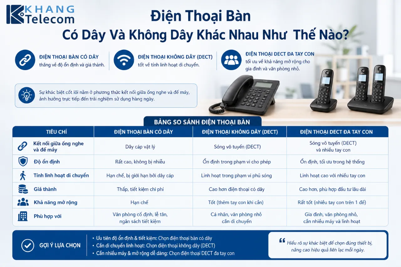 Điện Thoại Bàn Có Dây Và Không Dây Khác Nhau Như Thế Nào?
