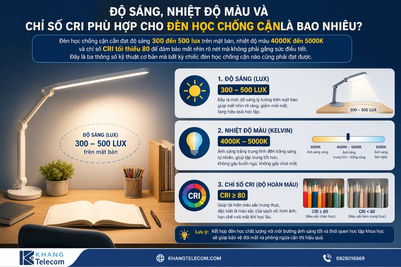 Độ Sáng, Nhiệt Độ Màu Và Chỉ Số CRI Phù Hợp Cho Đèn Học Chống Cận Là Bao Nhiêu?