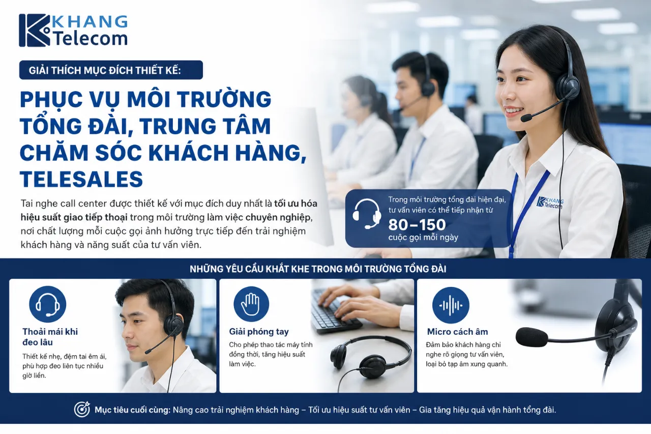 Giải thích mục đích thiết kế: phục vụ môi trường tổng đài, trung tâm chăm sóc khách hàng, telesales
