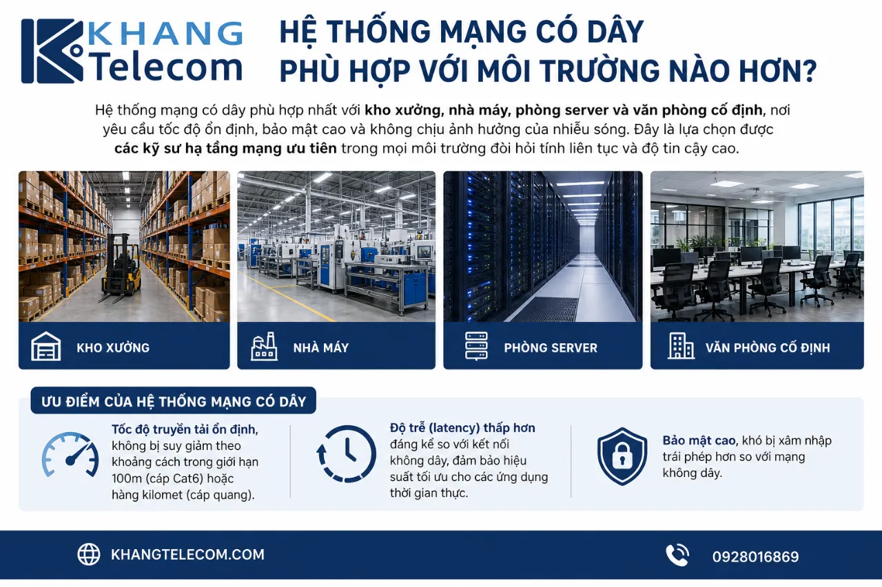 Hệ thống mạng có dây phù hợp với môi trường nào hơn?