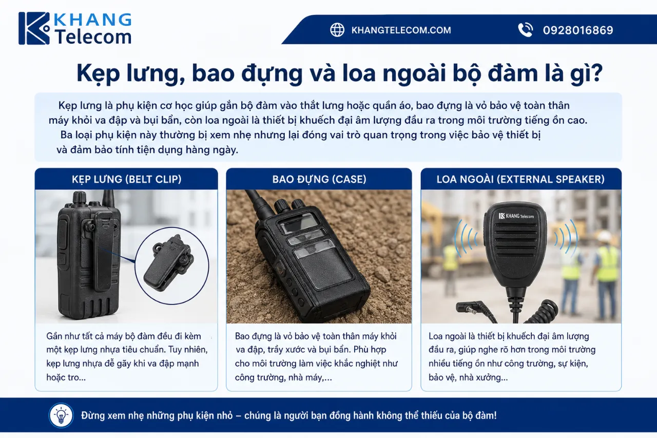 Kẹp lưng, bao đựng và loa ngoài bộ đàm là gì?