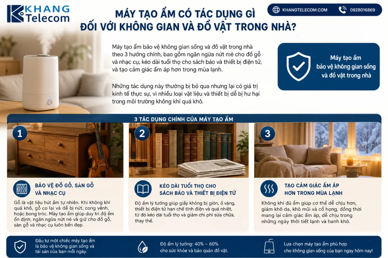 Máy tạo ẩm có tác dụng gì đối với không gian và đồ vật trong nhà?