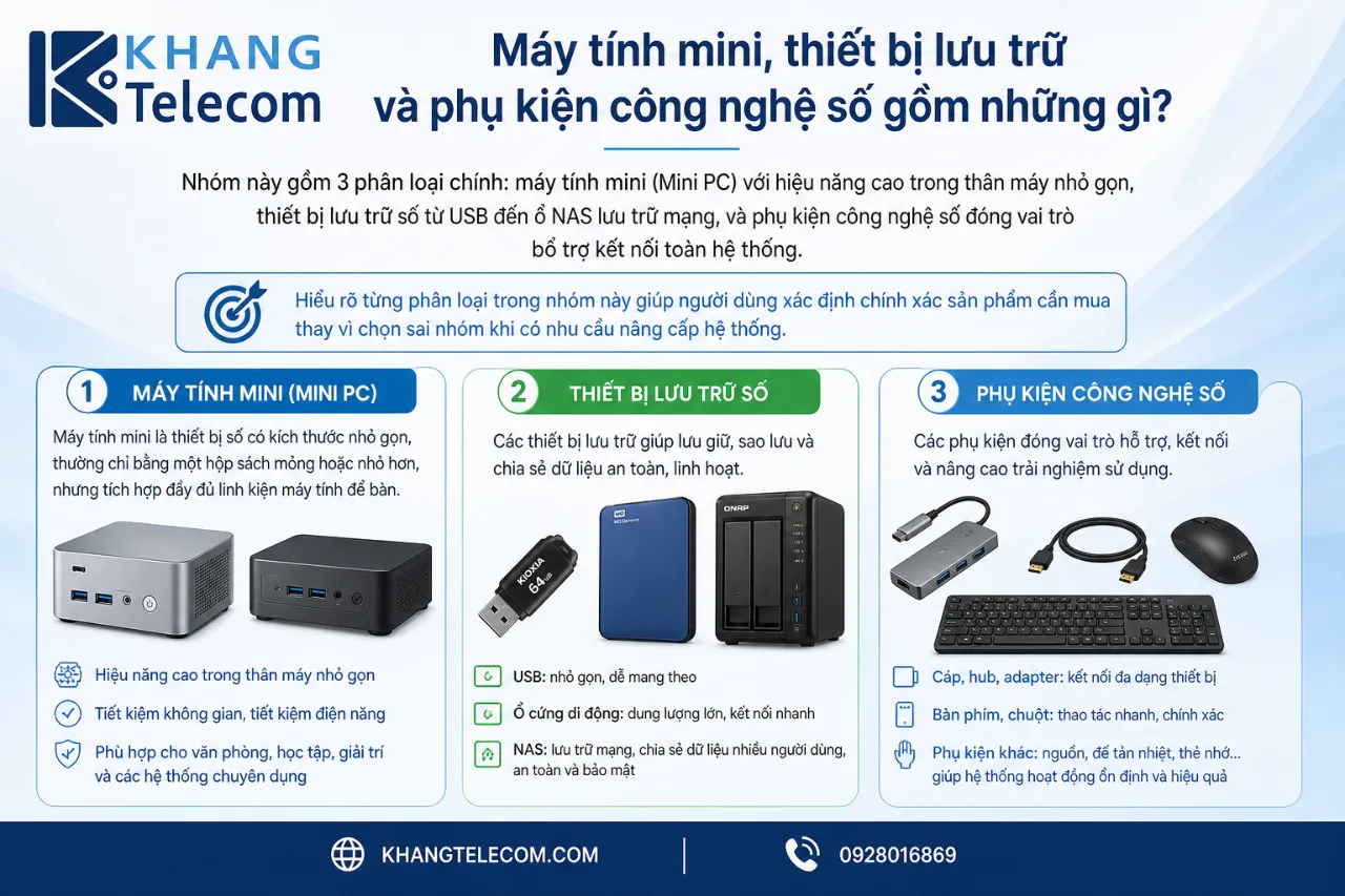 Máy tính mini, thiết bị lưu trữ và phụ kiện công nghệ số gồm những gì?