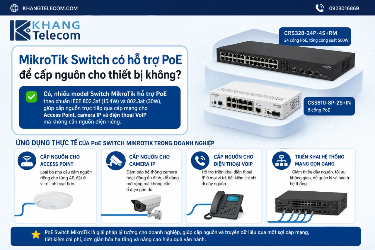 MikroTik Switch có hỗ trợ PoE để cấp nguồn cho thiết bị không?