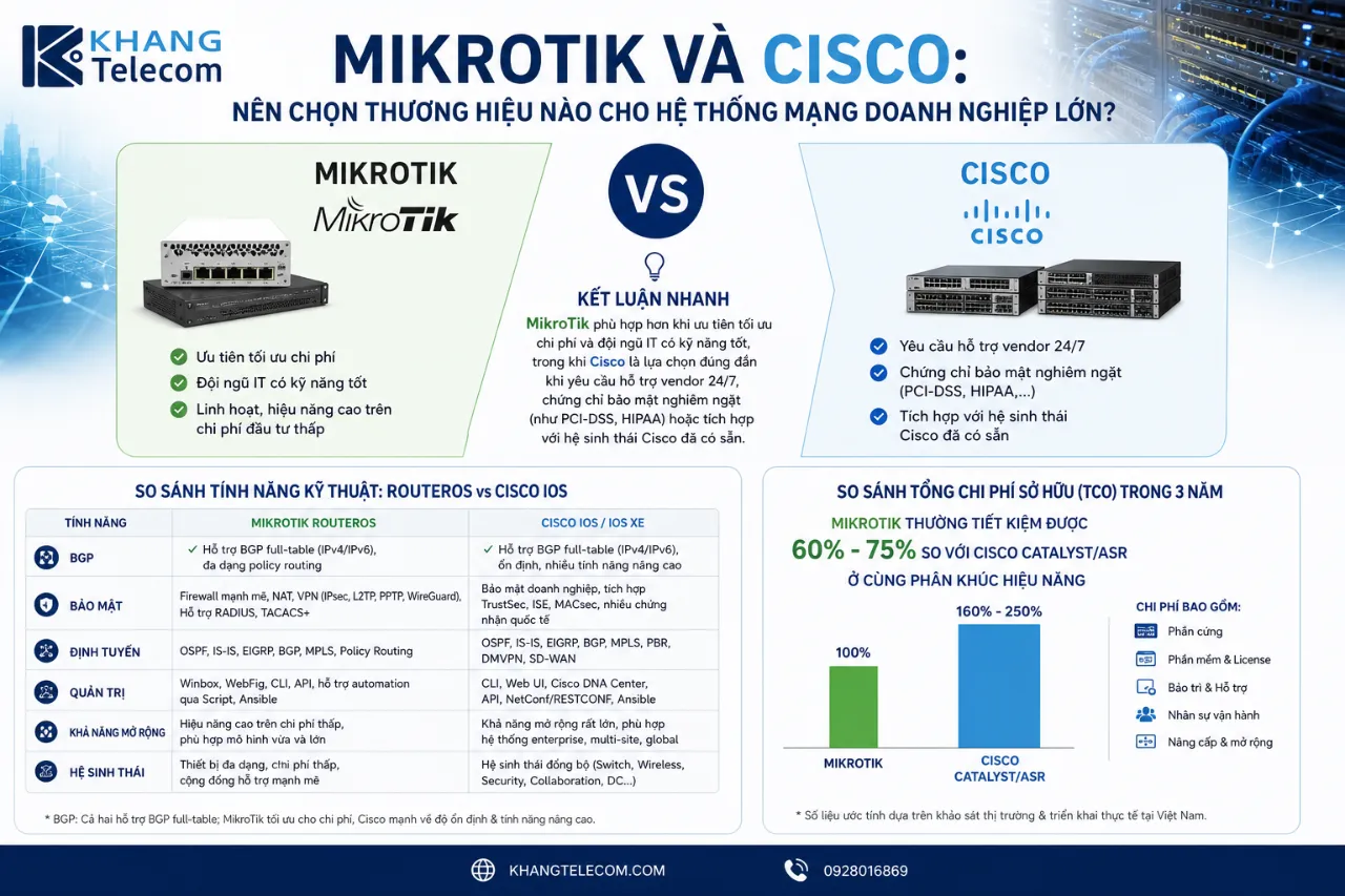 MikroTik và Cisco: Nên chọn thương hiệu nào cho hệ thống mạng doanh nghiệp lớn?