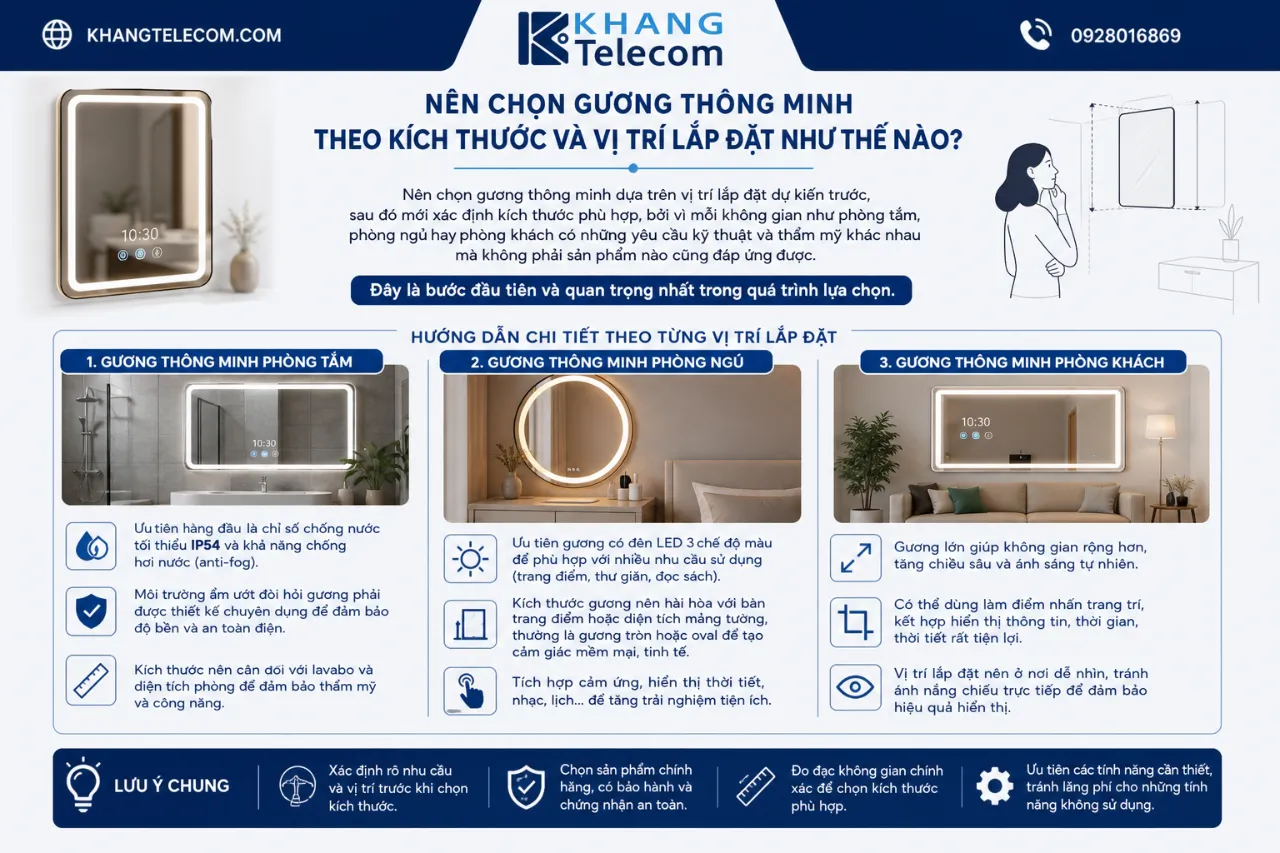 Nên Chọn Gương Thông Minh Theo Kích Thước Và Vị Trí Lắp Đặt Như Thế Nào?