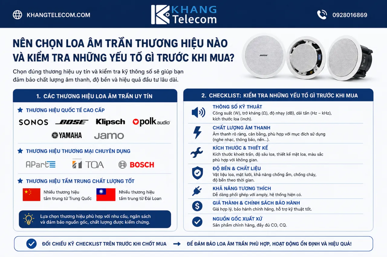 Nên chọn loa âm trần thương hiệu nào và kiểm tra những yếu tố gì trước khi mua?