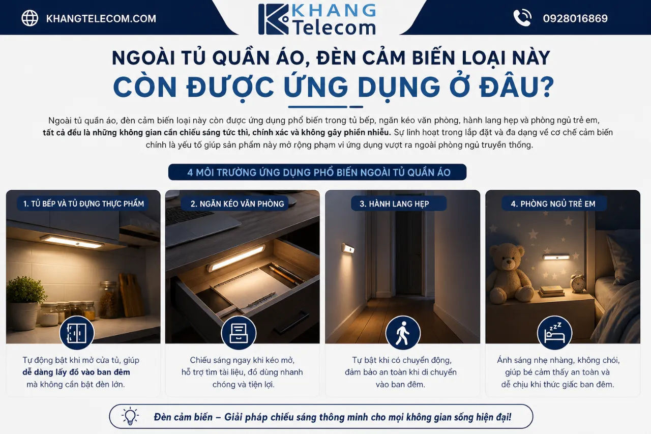 Ngoài tủ quần áo, đèn cảm biến loại này còn được ứng dụng ở đâu?