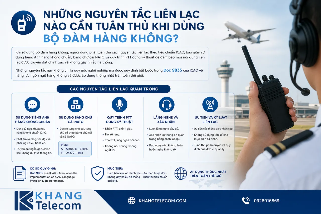 Những nguyên tắc liên lạc nào cần tuân thủ khi dùng bộ đàm hàng không?