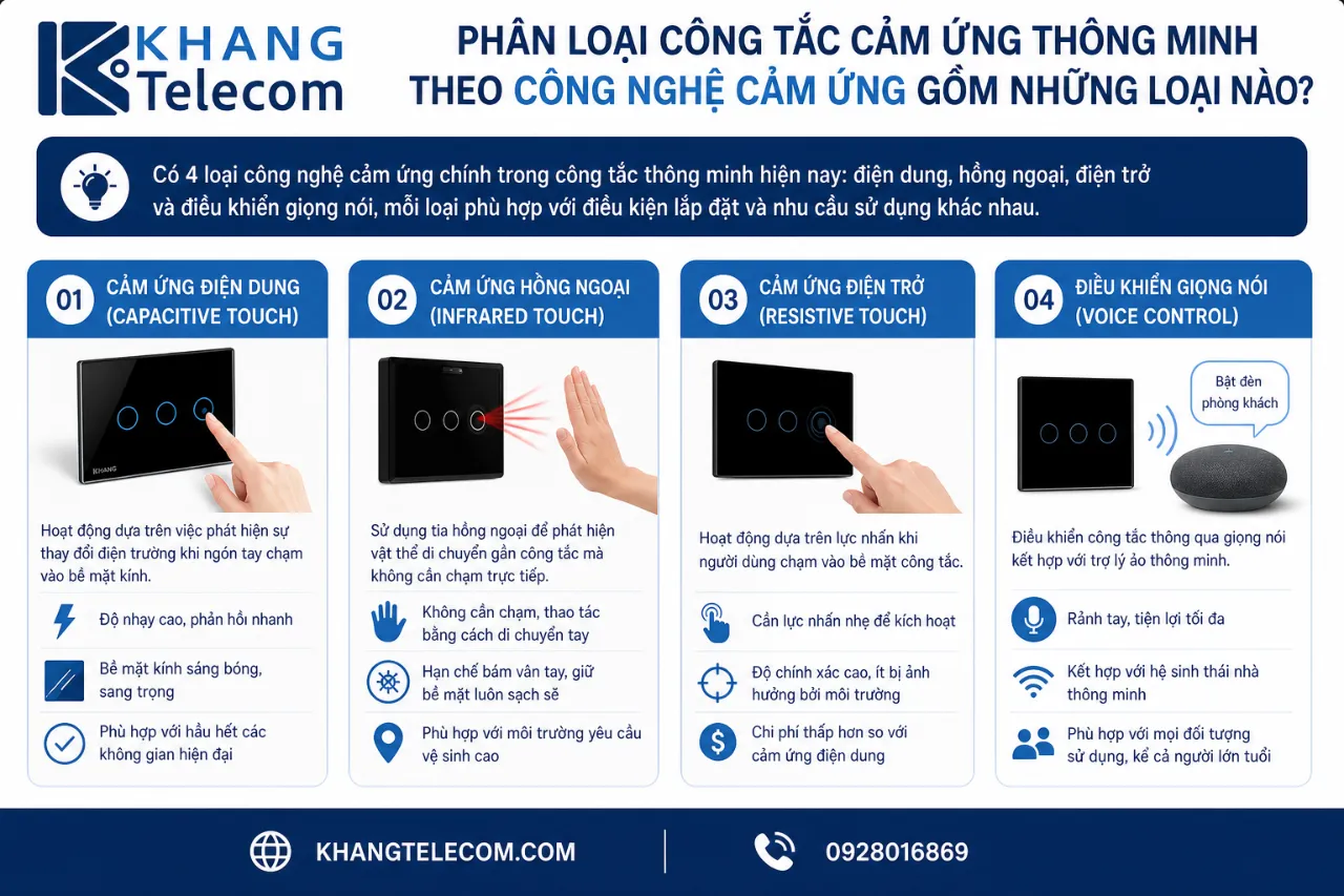 Phân Loại Công Tắc Cảm Ứng Thông Minh Theo Công Nghệ Cảm Ứng Gồm Những Loại Nào?