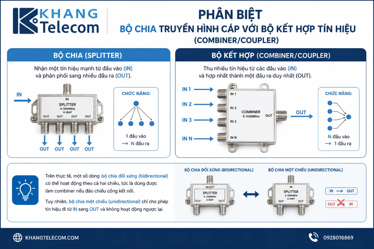 Phân biệt bộ chia truyền hình cáp với bộ kết hợp tín hiệu (combiner/coupler)