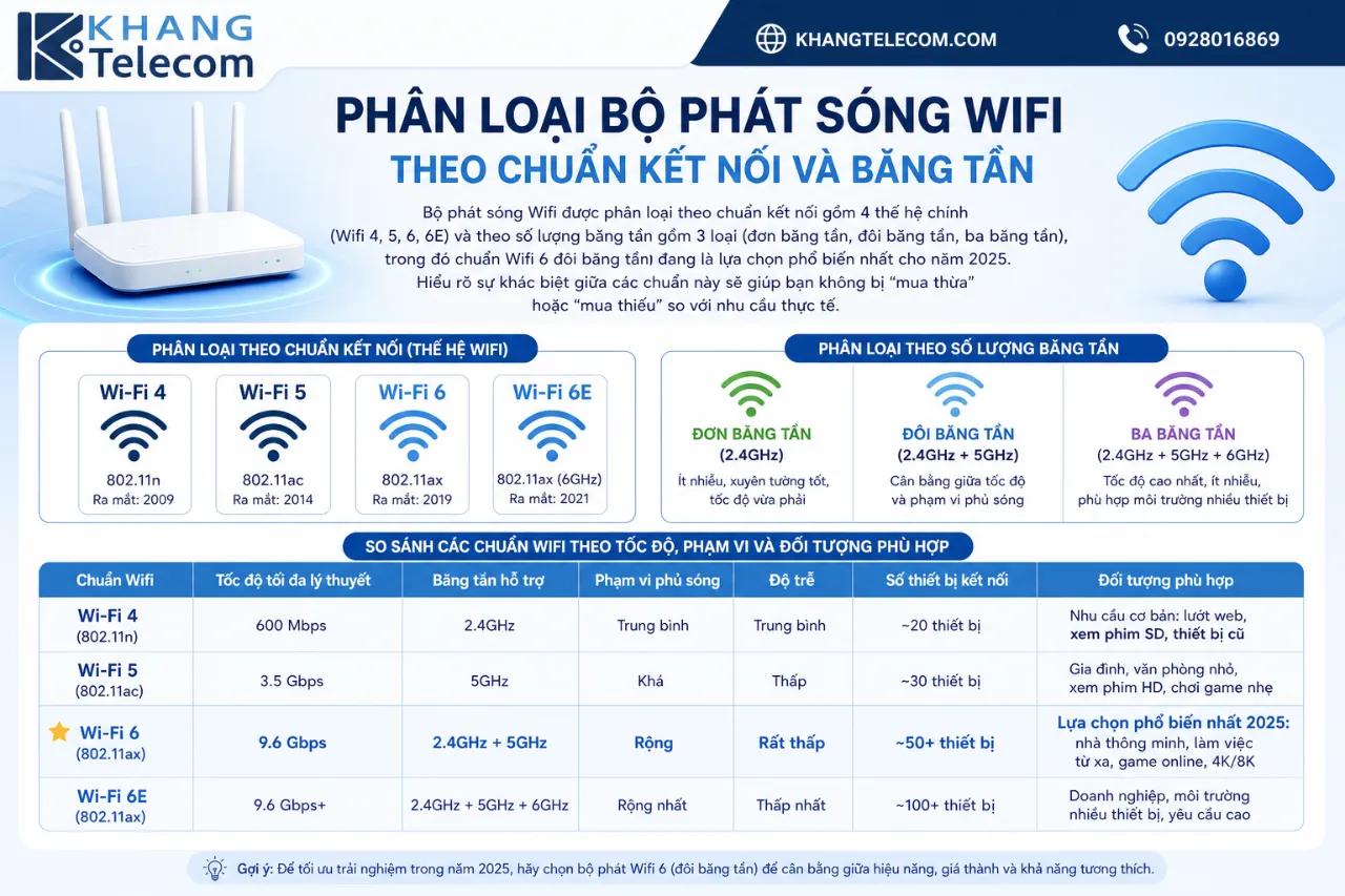 Phân loại bộ phát sóng Wifi theo chuẩn kết nối và băng tần