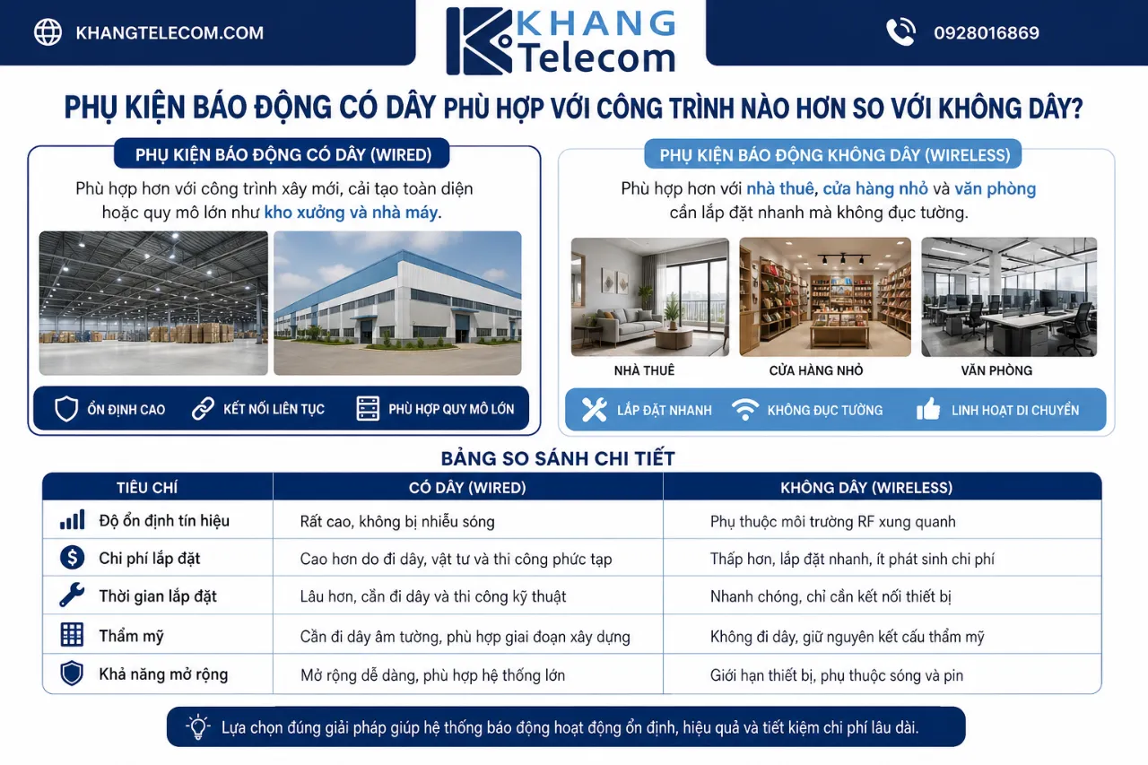 Phụ kiện báo động có dây phù hợp với công trình nào hơn so với không dây?