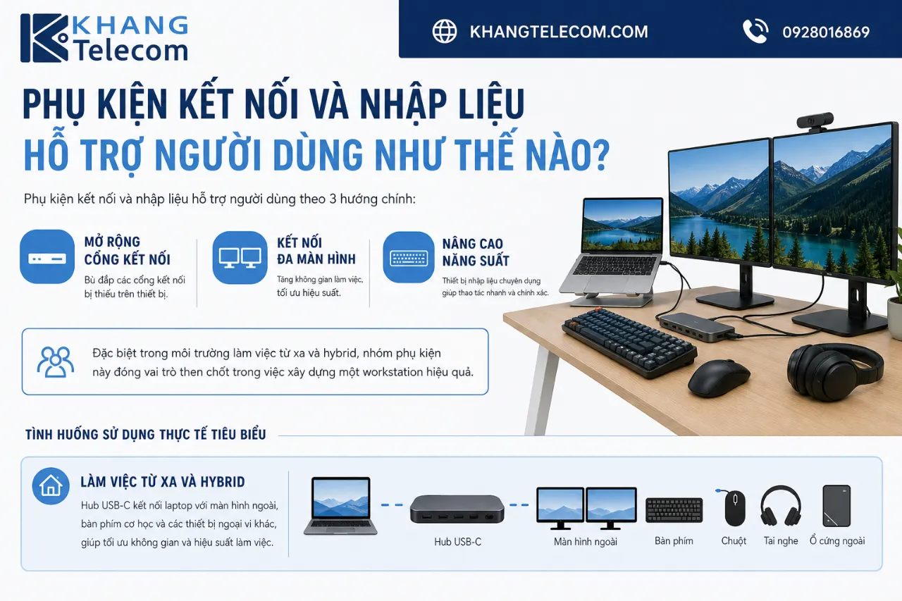 Phụ kiện kết nối và nhập liệu hỗ trợ người dùng như thế nào?