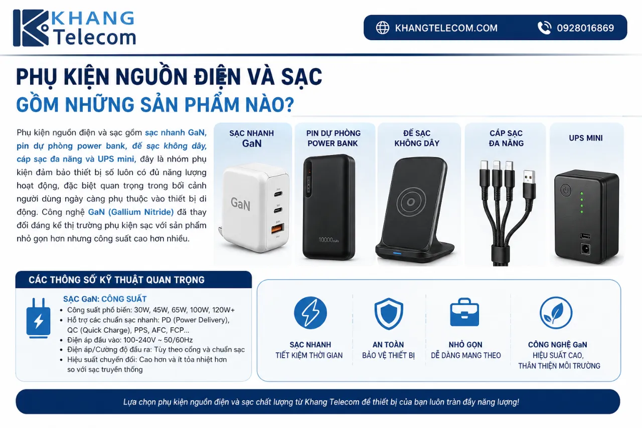 Phụ kiện nguồn điện và sạc gồm những sản phẩm nào?
