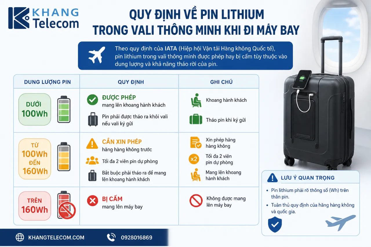 Quy định về pin lithium trong vali thông minh khi đi máy bay