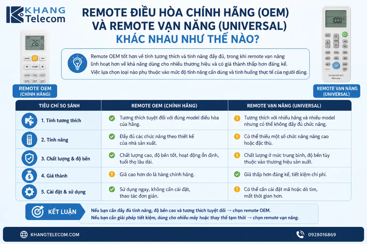 Remote điều hòa chính hãng (OEM) và remote vạn năng (Universal Remote) khác nhau như thế nào?