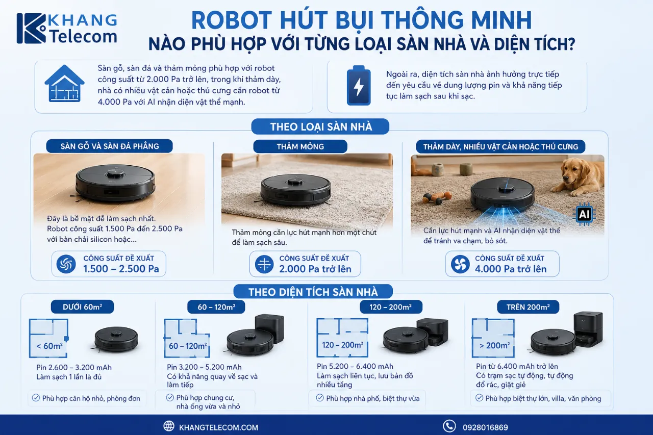 Robot hút bụi thông minh nào phù hợp với từng loại sàn nhà và diện tích?