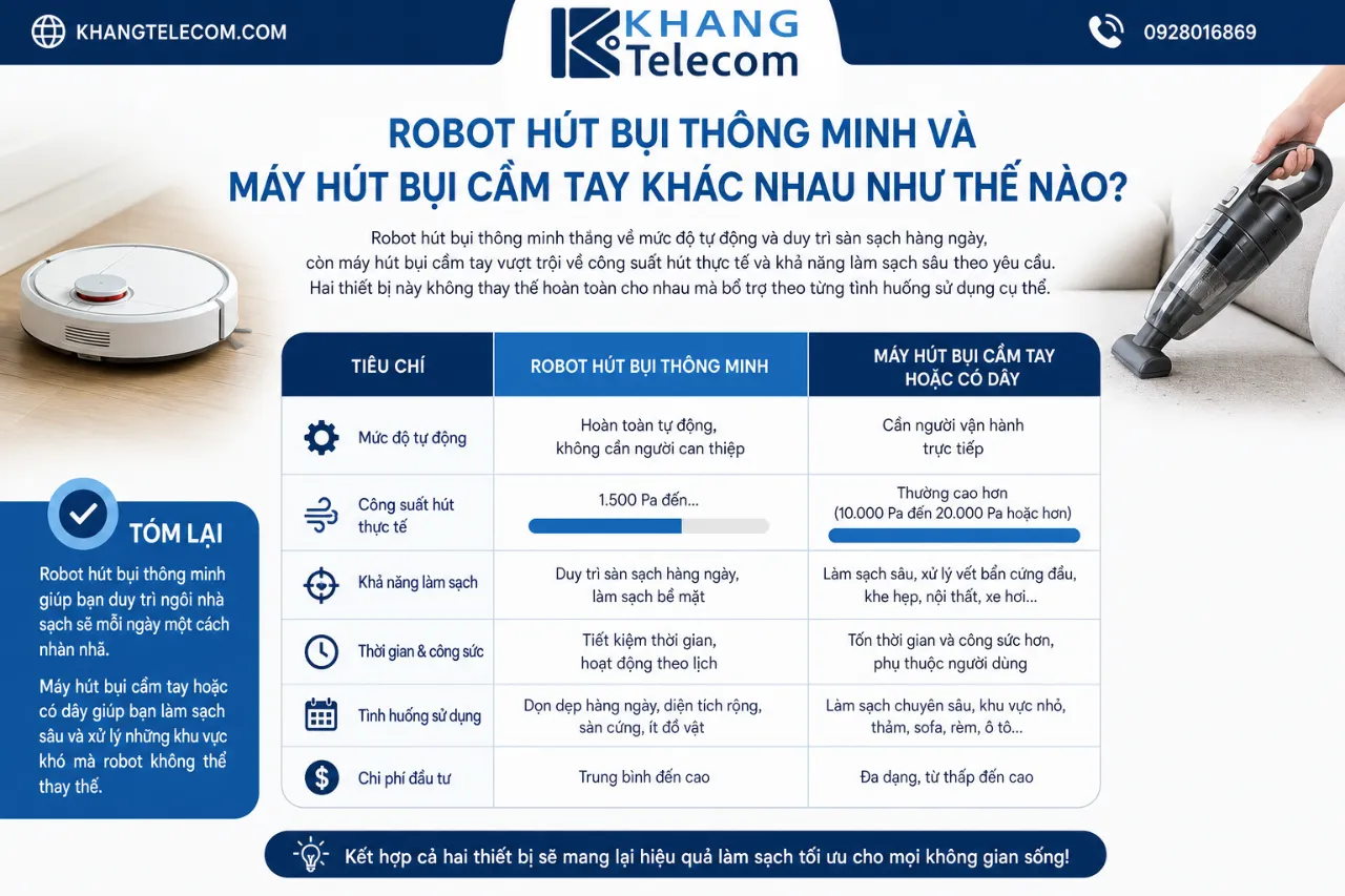 Robot hút bụi thông minh và máy hút bụi cầm tay khác nhau như thế nào?