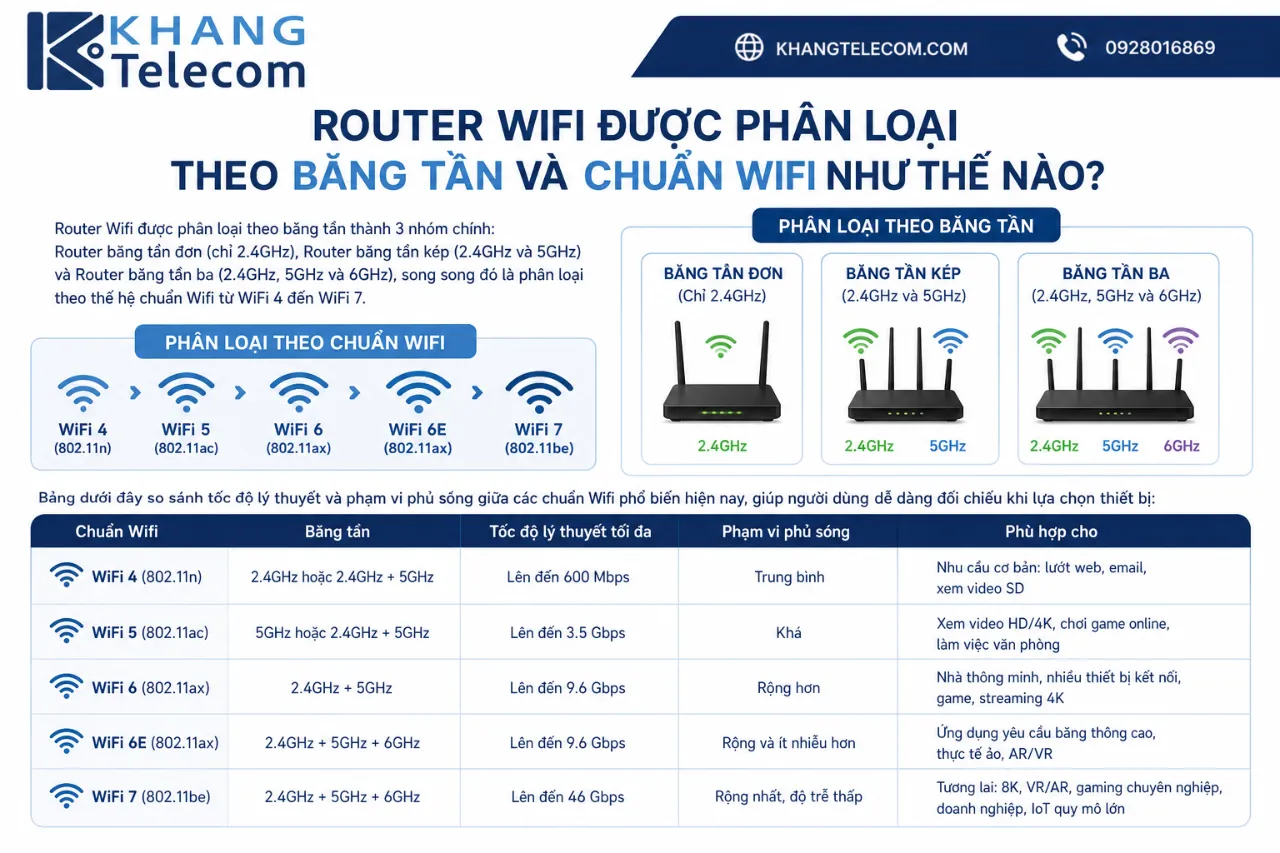 Router Wifi được phân loại theo băng tần và chuẩn Wifi như thế nào?