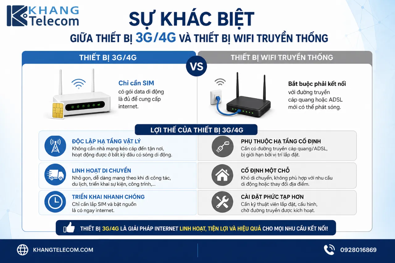 Sự khác biệt giữa thiết bị 3G/4G và thiết bị Wifi truyền thống