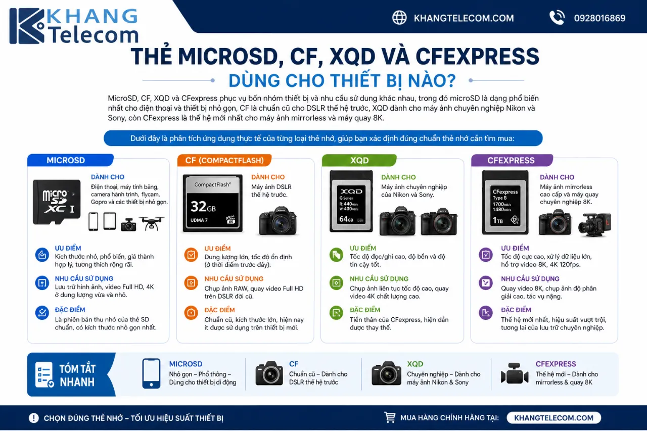Thẻ MicroSD, CF, XQD Và CFexpress Dùng Cho Thiết Bị Nào?