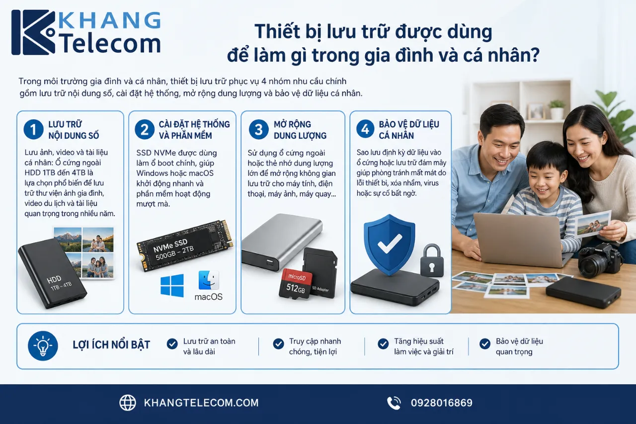 Thiết bị lưu trữ được dùng để làm gì trong gia đình và cá nhân?
