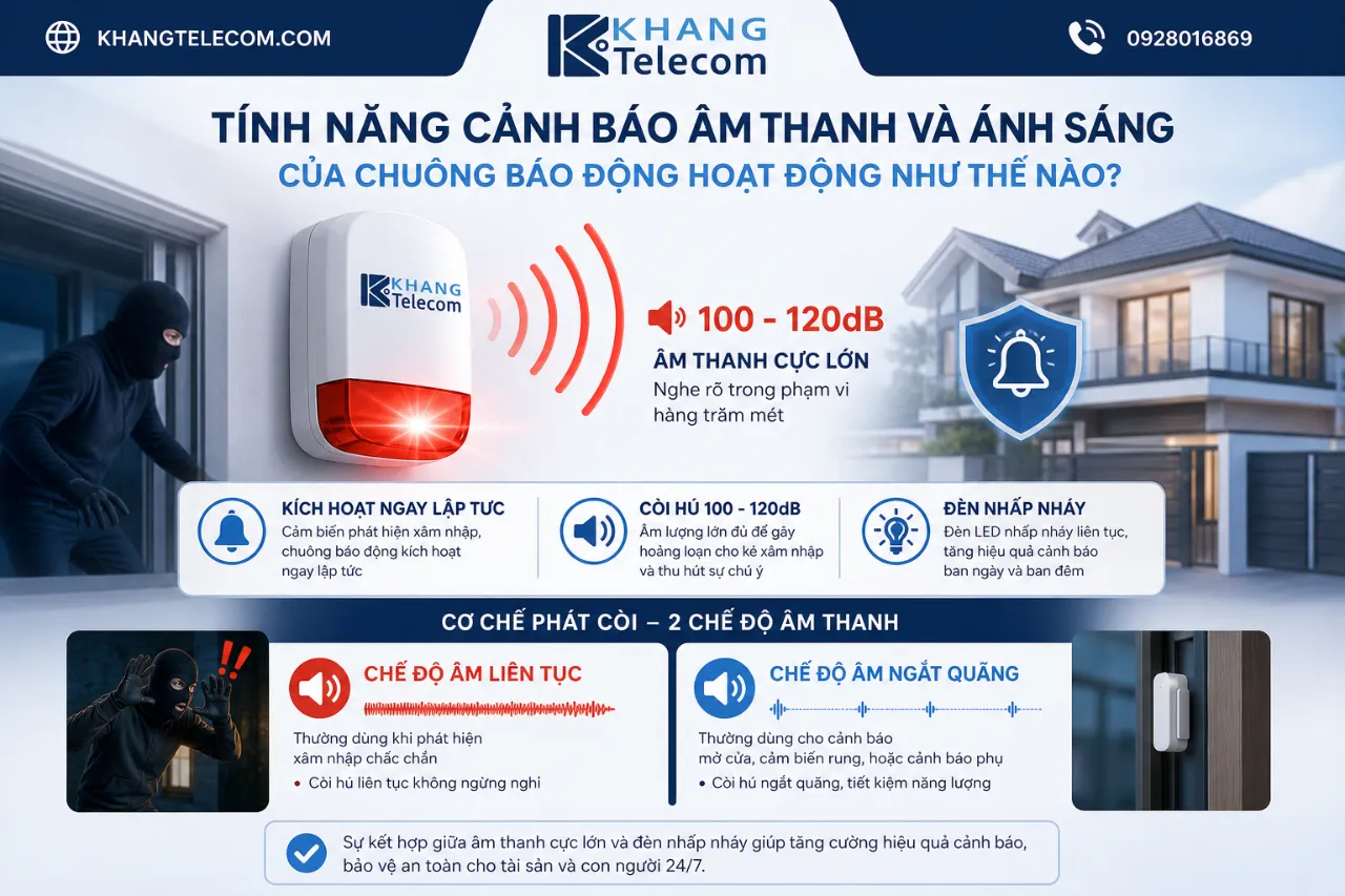 Tính năng cảnh báo âm thanh và ánh sáng của chuông báo động hoạt động như thế nào?