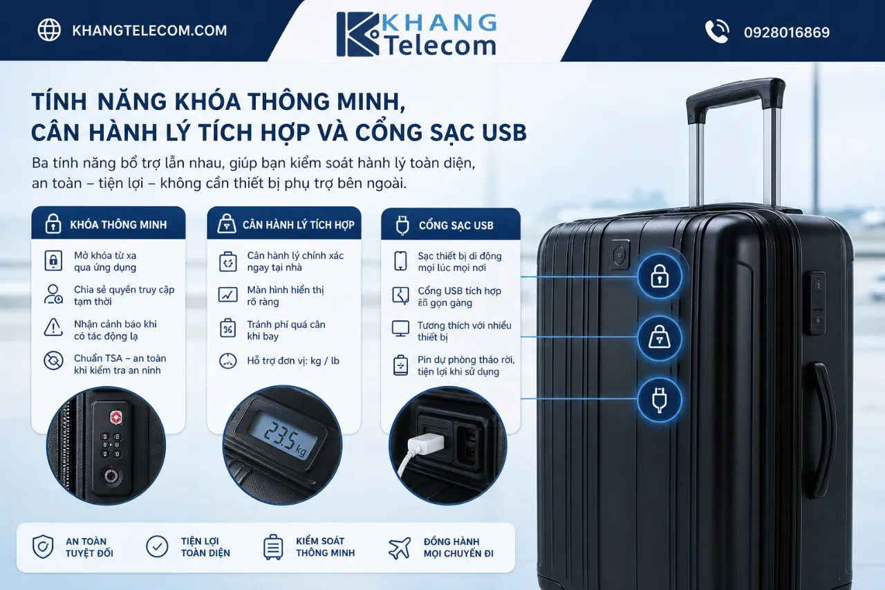 Tính năng khóa thông minh, cân hành lý tích hợp và cổng sạc USB
