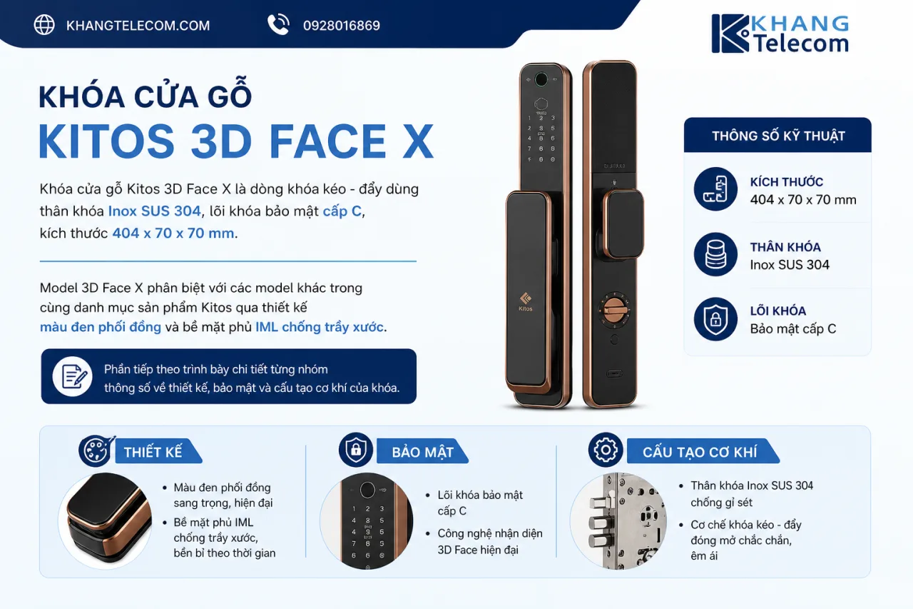 Khóa cửa gỗ Kitos 3D Face X có thông số kỹ thuật