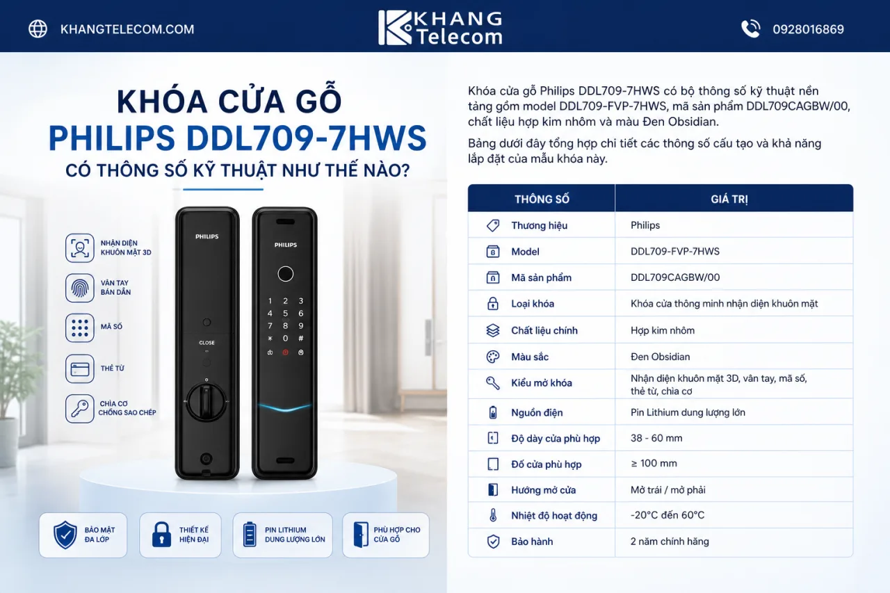 Khóa cửa gỗ Philips DDL709-7HWS có thông số kỹ thuật