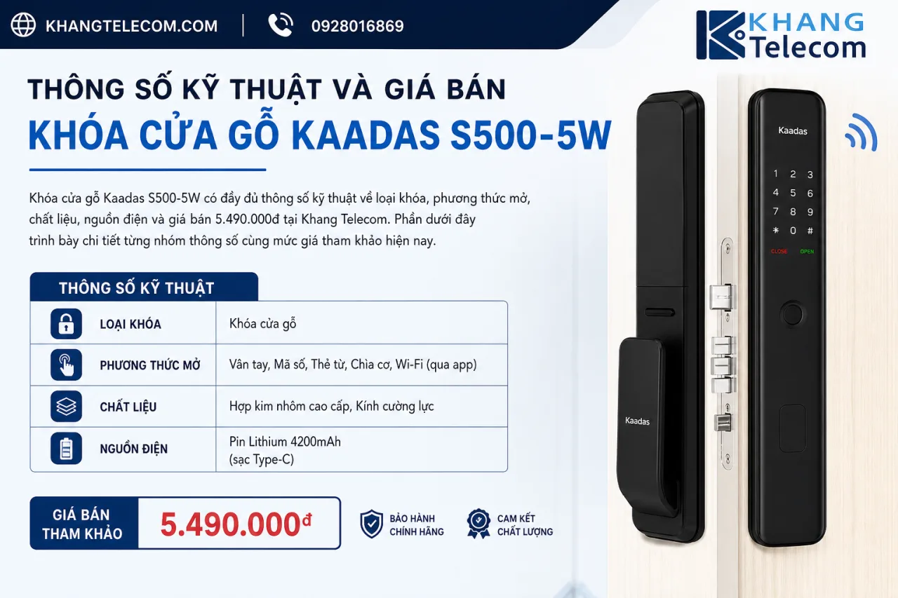 Thông số kỹ thuật và giá bán Khóa cửa gỗ Kaadas S500-5W hiện nay