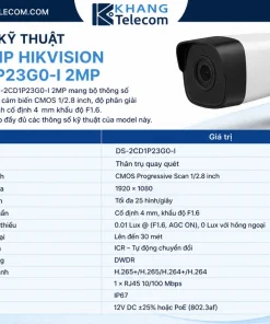 Thông số kỹ thuật Camera IP Hikvision DS-2CD1P23G0-I 2MP
