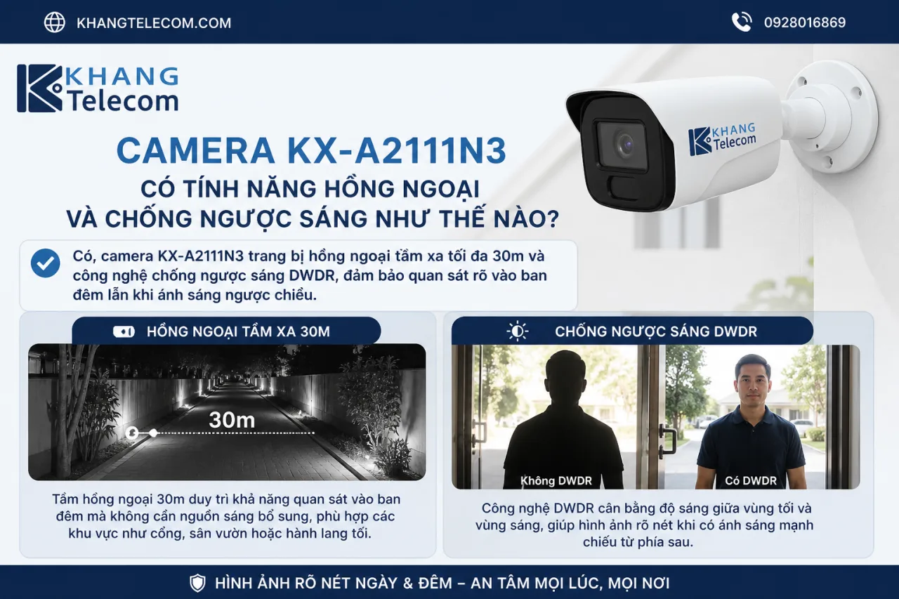 Camera KX-A2111N3 có tính năng hồng ngoại và chống ngược sáng Camera KX-A2111N3 có tính năng hồng ngoại và chống ngược sáng