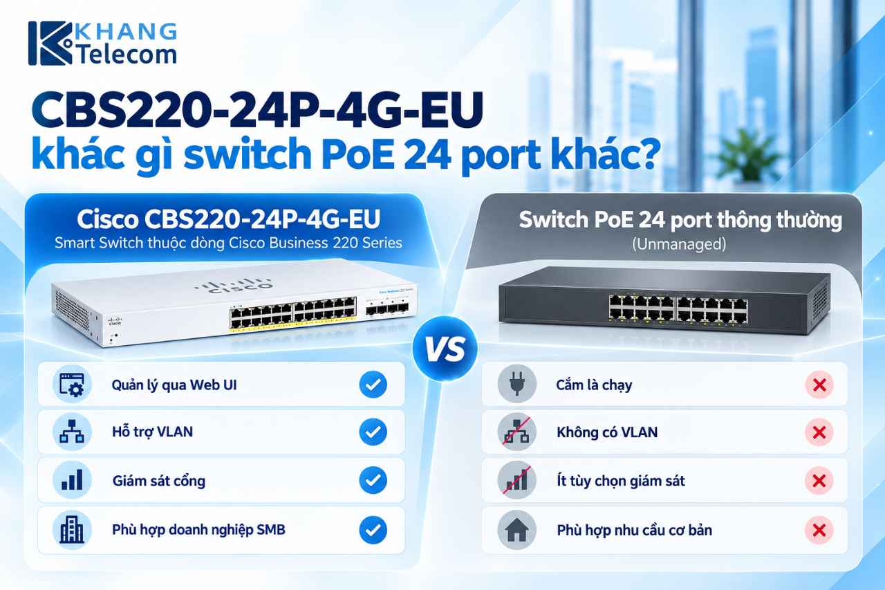 Cisco CBS220-24P-4G-EU khác gì các dòng switch PoE 24 port khác?