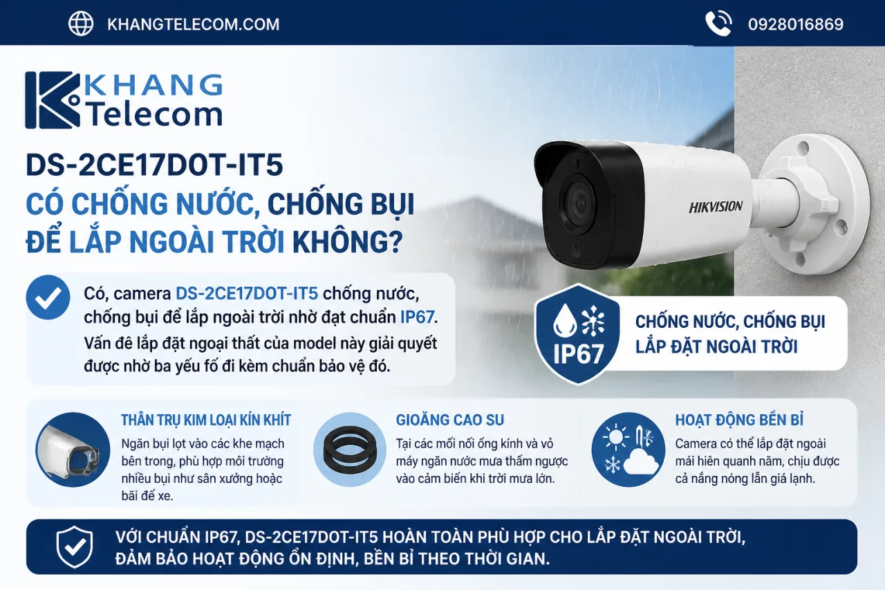 DS-2CE17D0T-IT5 có chống nước, chống bụi để lắp ngoài trời DS-2CE17D0T-IT5 có chống nước, chống bụi để lắp ngoài trời