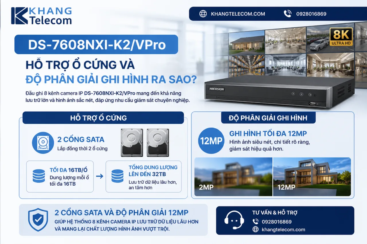 DS-7608NXI-K2/VPro hỗ trợ ổ cứng và độ phân giải ghi hình DS-7608NXI-K2/VPro hỗ trợ ổ cứng và độ phân giải ghi hình