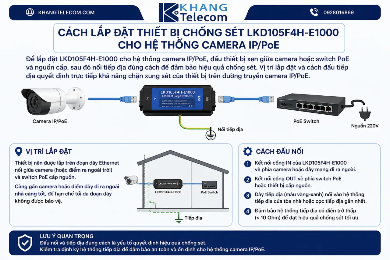 lắp đặt thiết bị chống sét LKD105F4H-E1000 cho hệ thống camera IP/PoE lắp đặt thiết bị chống sét LKD105F4H-E1000 cho hệ thống camera IP/PoE