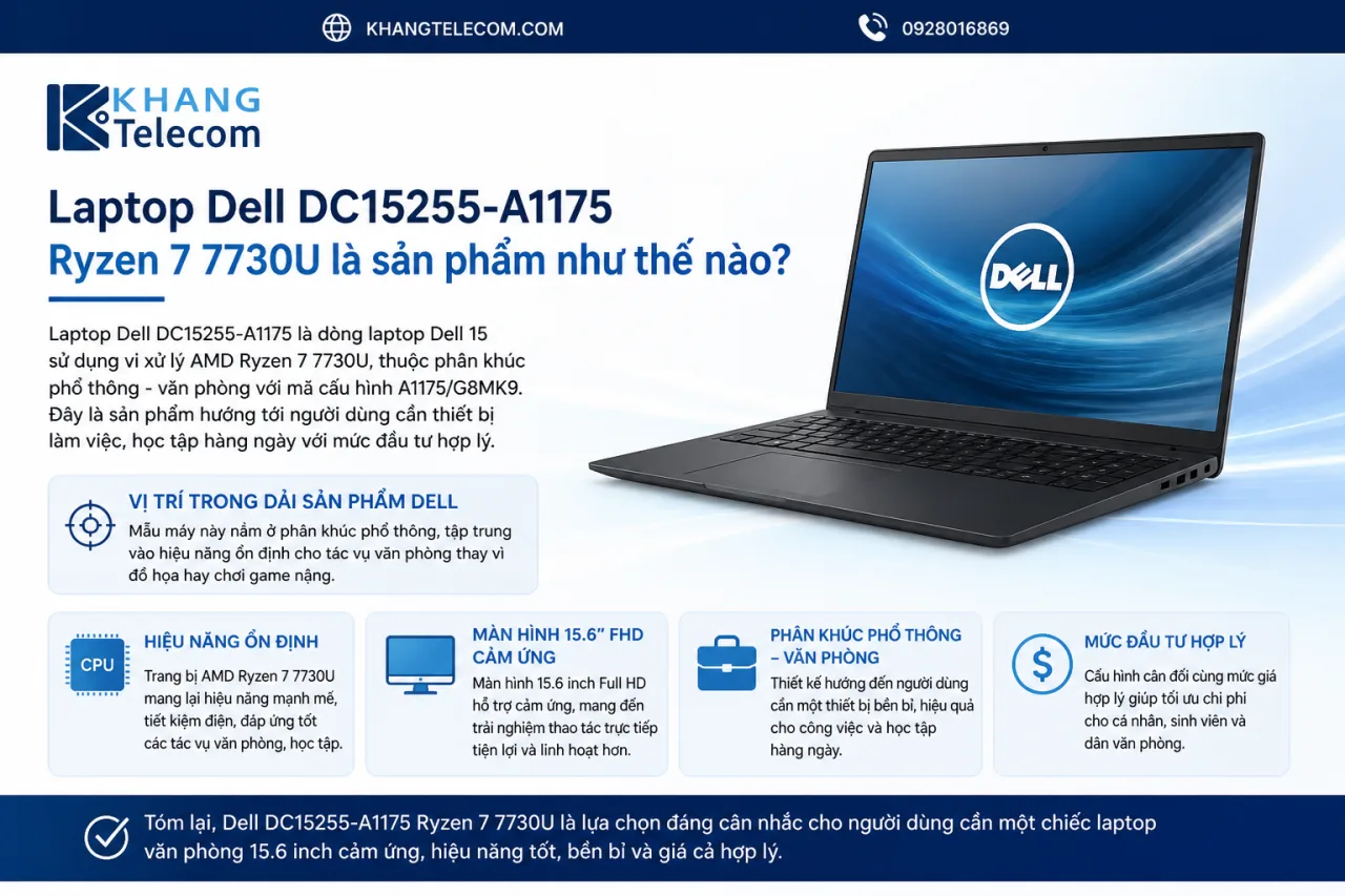 Laptop Dell DC15255-A1175 Ryzen 7 7730U là sản phẩm Laptop Dell DC15255-A1175 Ryzen 7 7730U là sản phẩm