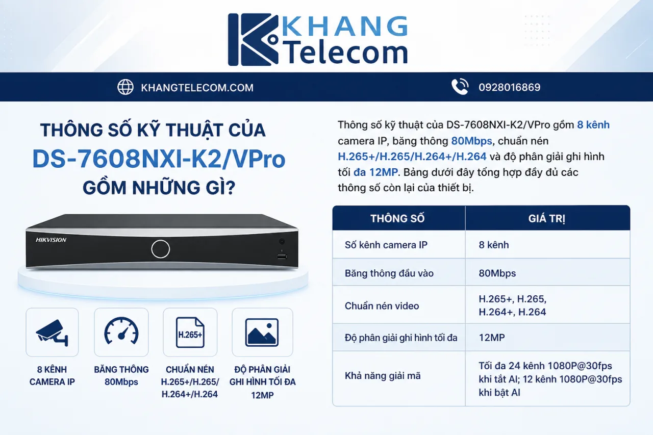 Thông số kỹ thuật của DS-7608NXI-K2/VPro gồm những gì Thông số kỹ thuật của DS-7608NXI-K2/VPro gồm những gì