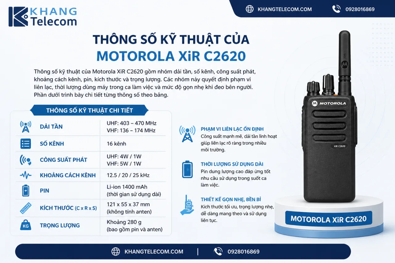 Thông số kỹ thuật của Motorola XiR C2620 gồm những gì Thông số kỹ thuật của Motorola XiR C2620 gồm những gì