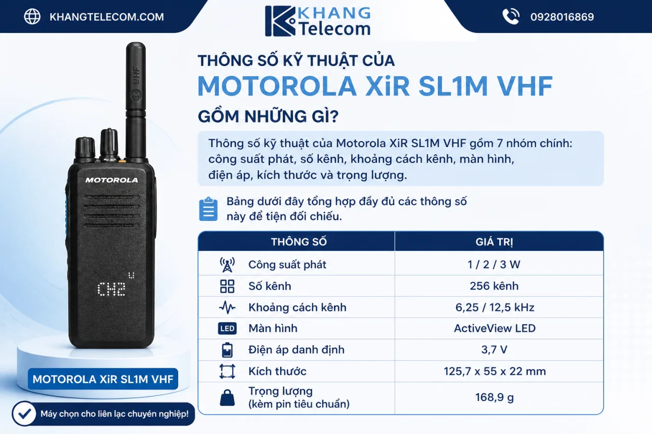 Thông số kỹ thuật của Motorola XiR SL1M VHF gồm những gì Thông số kỹ thuật của Motorola XiR SL1M VHF gồm những gì