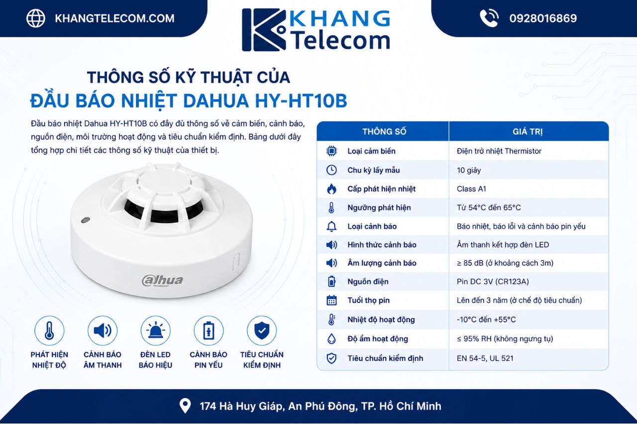 Thông số kỹ thuật của Đầu báo nhiệt Dahua HY-HT10B gồm những gì