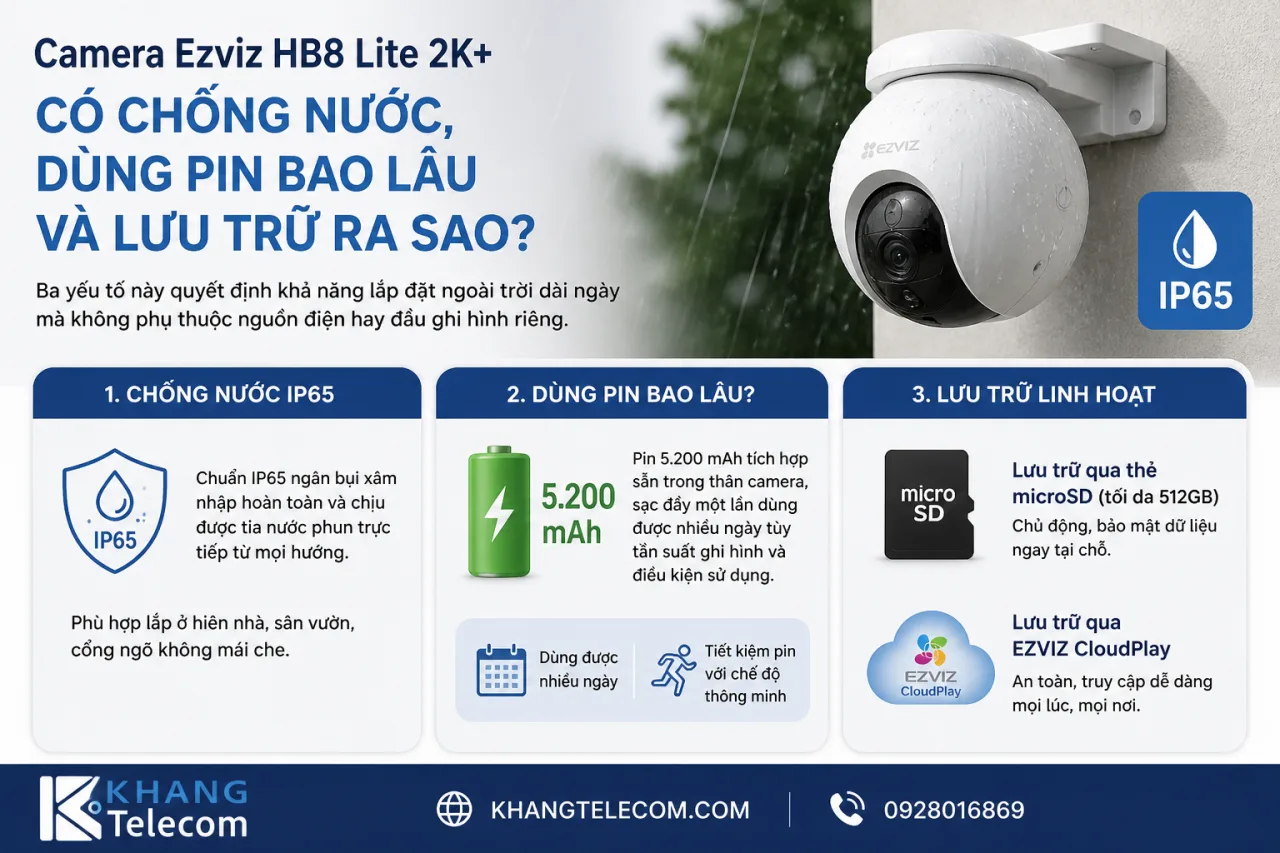 Camera Ezviz HB8 Lite 2K+ có chống nước, dùng pin bao lâu và lưu trữ Camera Ezviz HB8 Lite 2K+ có chống nước, dùng pin bao lâu và lưu trữ