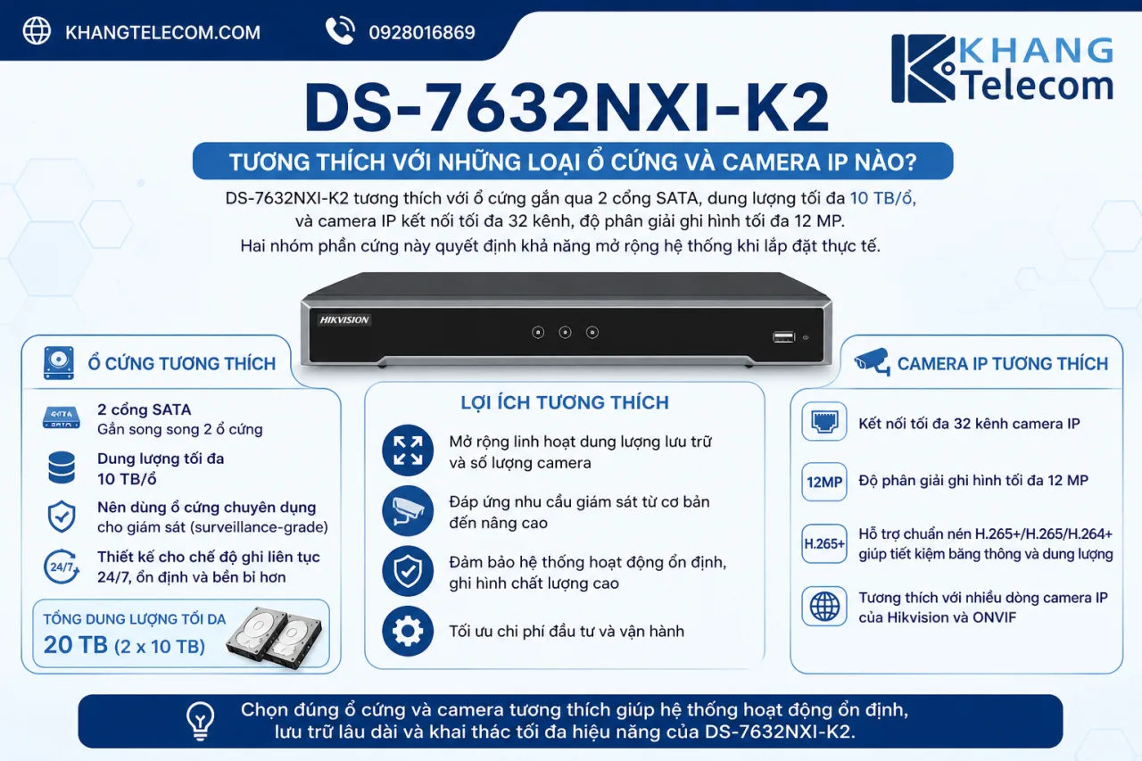 DS-7632NXI-K2 tương thích với những loại ổ cứng và camera IP nào DS-7632NXI-K2 tương thích với những loại ổ cứng và camera IP nào