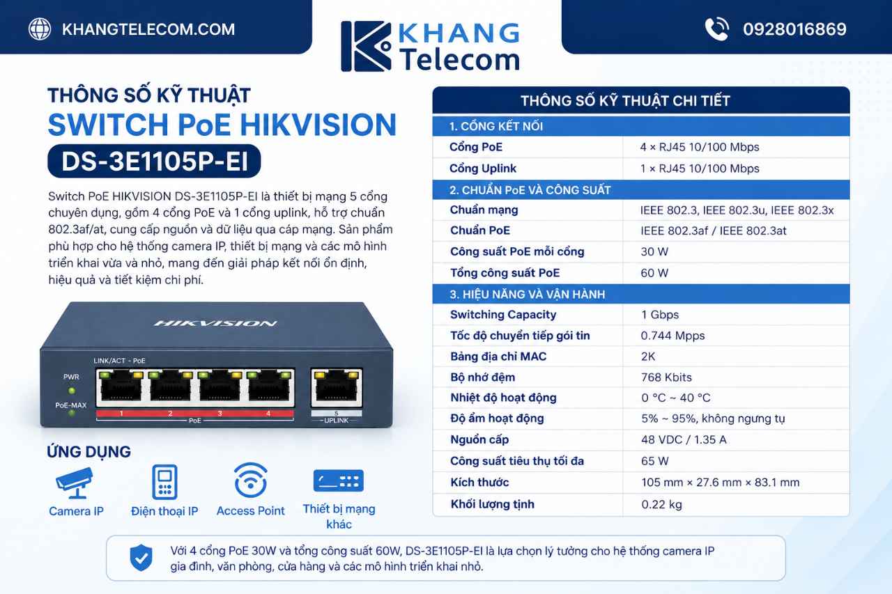 Thông số kỹ thuật Switch PoE Hikvision DS-3E1105P-EI